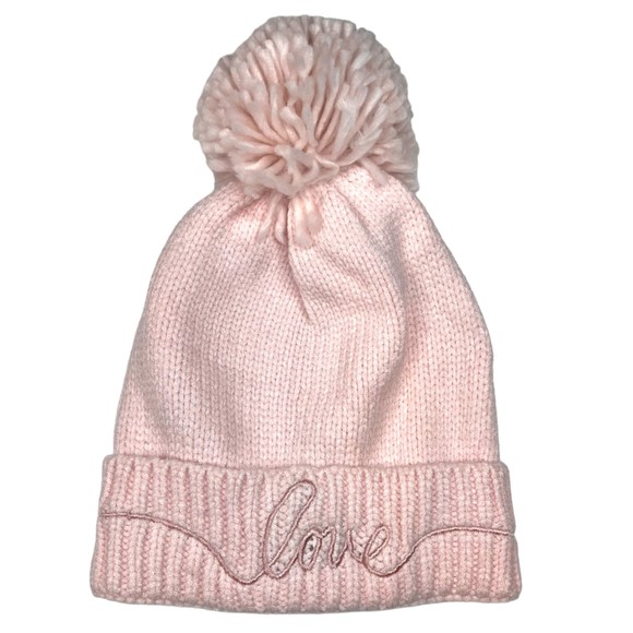 Jenni Pink Love Embroidered Pom Pom Beanie Winter Hat Size OS Outerwear - Picture 1 of 10